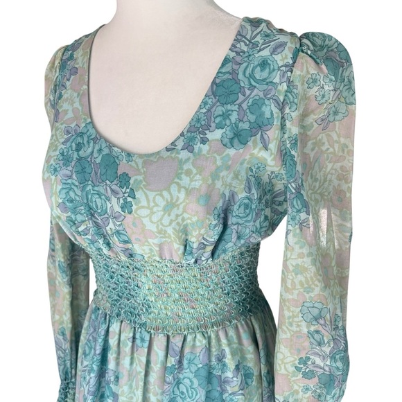 Vintage 70s Blue Floral Chiffon Maxi Dress Sheer Sleeves Empire Waist Boho S/M - Picture 3 of 5